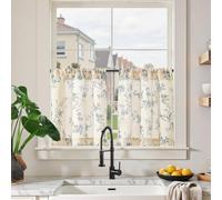 TOPICK Set di 2 tende in lino per finestre e cucina, 65 x 60 cm (larghezza x altezza), motivo floreale, stile casa di campagna, semitrasparente, per finestra e cucina, colore: blu su bianco