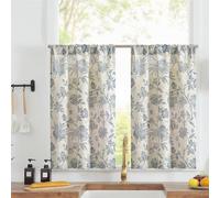 TOPICK Tende da cucina corte in lino, motivo botanico blu, 65 x 90 x 90 cm (larghezza x lunghezza), tenda in stile pastorale inglese, semi-trasparente, con passante, per finestra, armadio, camera da
