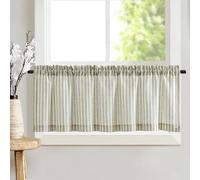 TOPICK - Tendine corte a righe, in lino, coprenti, per cucina, sala da pranzo, bagno e piccole finestre, 1 pezzo, 125 x 40 cm (larghezza x altezza), verde su beige