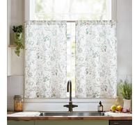 TOPICK Tendine per finestra con fiori e bistrò, per soggiorno, camera dei bambini, cucina, in lino, stile country, semitrasparenti, con coulisse, 65 x 60 cm, set da 2 pezzi, verde su bianco