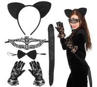 TOPJOWGA Costume Gatto, 6 Pezzi Costume Gatto Carnevale, Maschera in Pizzo Nera, Orecchie da Gatto, Coda di Gatto, Cravatta a Farfalla, Guanti, Gatto Cosplay Costume per Carnevale Halloween (Nero)