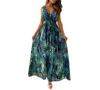 TOPLAZA Abito Lungo da Spiaggia Vestiti Casual Donna Scollo a V Stampa di Piante Tropicali, Verde, S
