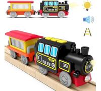 TOPLIVING Set locomotiva a batteria per binari in legno, potente locomotiva, treno, auto elettriche, con Light&Sound per bambini, compatibile con Thomas, Brio, Chuggington