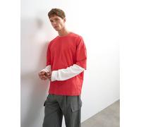 Topman - T-shirt taglio corto a strati vestibilità comoda rossa slavata con maniche a nido d'ape-Rosso L