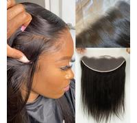 Topnormantic Frontale in pizzo dritto 13x4, piccoli nodi singoli da orecchio a orecchio pizzo frontale pre-pizzicato con capelli del bambino 0,14 mm sottile invisibile trasparente chiusura frontale in