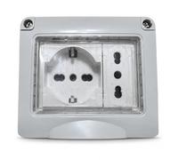 Topolenashop Cassetta Elettrica Esterna IP55 - Scatola da Muro con 1 Presa Schuko e 1 Presa Bipasso, Coperchio Trasparente Protettivo per Apparecchi Elettrici in Ambienti Esterni Compatibili