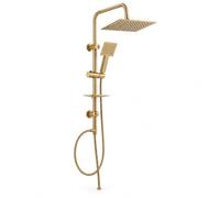Topolenashop Colonna Doccia Oro Senza Miscelatore Con Soffione Quadrato, Doccetta, Deviatore e Portasapone, Asta Saliscendi Regolabile 96 cm Con Flessibile 1,8 m | 87305