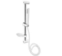 Topolenashop Saliscendi Doccia Bianco e Silver con Doccino Monogetto, Portasapone e Flessibile 150 cm - Barra 60 cm con Supporto Regolabile, Profondità 8 cm, Set Completo Accessori Bagno | 94419
