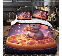 Topolino carino che mangia la pizza Set Di Copripiumino 3 Pezzi microfibra stampa 3D con federe con cerniera per cuscini Fumetto fantasy copripiumino for bambini e ragazze Single（140x200cm）