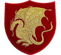 Toppa a forma di ragoncello di King Arthur (10,2 cm) in velluto rosso + ricamo dorato, da applicare con ferro da stiro o cucire, emblema del drago, per costume di Merlino, cosplay, mantello,