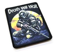 Toppa in tessuto con scritta in inglese "Death Will Wait Sniper Morale", 9 cm x 7 cm, con gancio e anello, per airsoft, forze militari