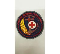 TOPPA PATCH CIRCOLARE A STRAPPO CROCE ROSSA ITALIANA SOCCORSO CON MEZZI E TECNICHE SPECIALI - SCRITTE E DISEGNI GOMMATI SU SFONDO BLU - DIAMETRO 7,3 CM