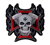 Toppa Patch Ricamata Teschio Biker con Pistoni e Croce Iron Style | Termoadesiva e da Cucire | Patch Moto per Gilet, Giubbotti e Jeans | Skull Patch Motorcycle 10 cm