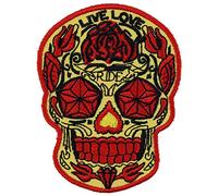Toppa ricamata da applicare con ferro da stiro o cucitura: "Maschera messicana "Dia de los muertos" | Patch Skull - Rosa da annodare | Teschio - Immagine da cucire - 80x60mm