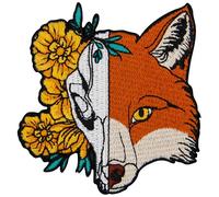 Toppa ricamata da applicare con ferro da stiro o cucitura, tema: Mezzo teschio di volpe e mezzo fiore