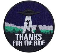 Toppa ricamata da applicare con ferro da stiro o cucitura UFO Alien Patch Biker 'Grazie per il passaggio' | Divertenti immagini da cucire | Cospirazione Sci-Fi per giacche/pelle/jeans/borse | 75x75mm