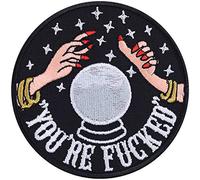 Toppa ricamata da applicare con ferro da stiro o cucitura: "You're fucked" | cambiamento climatico | Patch umoristico con sfera di cristallo | Applique per tutti i tessuti | 80x80mm.