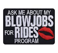 Toppa ricamata da applicare con ferro o cucitura: "Ask me about my blowjobs for rides program" | Patch motociclista donna divertente | Regalo DIY per donne/Rider | Applicazione 80x55mm