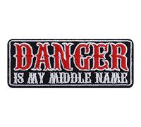 Toppa ricamata da applicare con ferro o cucitura: "Danger is my middle name" | Patch Biker annodabile/stirabile con ricamo | Regalo Rider Motociclista | Applicazione per cucire/stirare | 90x35mm