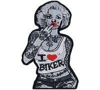 Toppa ricamata da applicare con ferro o cucitura: Marilyn Monroe - "I Love Biker" | Patch/Patch ricamato con dito medio Fuck | Applique Biker girl per cucire/stirare | 55x85mm