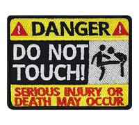 Toppa ricamata "Danger - Do not touch" | Patch avvertimento da cucire/ferro da stiro | Adesivo divertente per motociclisti | Applique per giacca/gilet/jeans | 80x60mm
