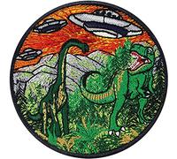 Toppa ricamata ferro o cucitura: Dinosauri e Alieni | Patch UFO Avvistamento Attacco Parco MONDO GIURASSICO & Navi Aliene | Applique Dinosauri per cucire | Brachiosauro Tirannosauro REX | 80x80mm