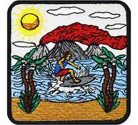 Toppa ricamata ferro o cucitura: Surf Hawaii | Surfista tavola da surf | Applicazione termoadesiva Aloha Palme | Sport acquatici | 75x75mm