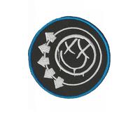 Toppa ricamata termoadesiva con scritta "Blink 182", motivo: smiley, colore: rosso e blu
