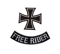 TOPPA RICAMATA TERMOADESIVA - Free Rider + Croce - da Motociclista per Ricamo su giacche Motorcycle, per Gilet da Moto, per Decorare Abbigliamento da Moto, t-shirt, borse, Giubbotto. Fai da Te