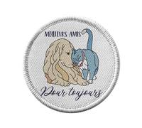 Toppa termoadesiva con abbigliamento rotondo, 7 cm, con migliori amici, cane e gatto, labrador animali da compagnia, toppa da stirare per riparazione o personalizzazione, maglietta con borsa jeans