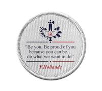 Toppa termoadesiva con abbigliamento rotondo, 7 cm, motivo: Francois Hollande discorso in inglese umorismo politico, toppa da stirare per riparazione o personalizzazione, maglietta con borsa jeans