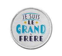 Toppa termoadesiva con abbigliamento rotondo, 7 cm, motivo: "Je suis le grand frère - Famiglia figlio bambino Patch da stirare per riparazione o personalizzazione, maglietta con borsa jeans stampata