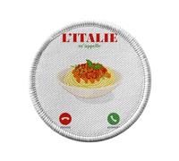 Toppa termoadesiva con abbigliamento rotondo, 7 cm, motivo: "L'Italia M'Appelle Spaghetti Cibo Cliché - Patch da stirare per riparazione o personalizzazione - Borsa jeans stampata in Francia