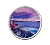 Toppa termoadesiva con rivestimento rotondo, 7 cm, faro rosso e bianco sulla scogliera sole, che dorme sulla baia - Patch da stirare per riparazione o personalizzazione - Borsa jeans stampata in