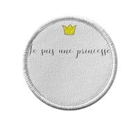 Toppa termoadesiva con rivestimento rotondo, 7 cm, motivo: "Je suis une princess", con corona gialla, toppa da stirare per riparazione o personalizzazione, maglietta con borsa jeans stampata in