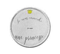 Toppa termoadesiva con rivestimento rotondo, 7 cm, motivo: Je vous Emmerde je suis una princess, disegno piccola corona gialla, toppa da stirare per riparazione o personalizzazione, maglietta con