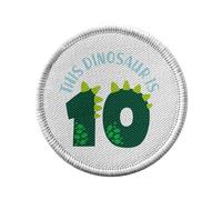 Toppa termoadesiva con rivestimento rotondo, 7 cm, motivo: This Dinosaur is 10 Birthday Celebration Kids Party Gift Theme - Patch da stirare per riparazione o personalizzazione - Borsa jeans stampata