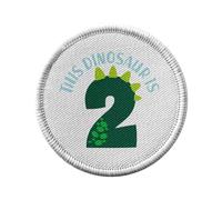 Toppa termoadesiva con rivestimento rotondo, 7 cm, motivo: This Dinosaur is 2 Birthday Celebration Kids Party Gift Theme - Patch da stirare per riparazione o personalizzazione - Borsa jeans stampata