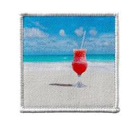 Toppa termoadesiva da 7 x 7 cm - Cocktail Tequila Sunrise sulla spiaggia, sabbia bianca per vacanze, toppa da stirare per riparazione o personalizzazione - Borsa jeans stampata in Francia