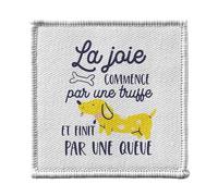 Toppa termoadesiva da indossare 7 x 7 cm, la gioia inizia con un tartufo e finito con una coda di cane, toppa da stirare per riparazione o personalizzazione, maglietta con borsa jeans stampata in
