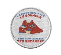 Toppa termoadesiva da indossare rotonda, 7 cm, in argento non fa la felicità, per riparare o personalizzare, con stampa in Francia