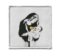Toppa termoadesiva per abbigliamento 7 x 7 cm, Banksy Vergine Marie Bebe Biberon Tossico, toppa da stirare per riparazione o personalizzazione, maglietta con borsa jeans stampata in Francia