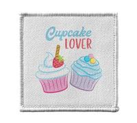 Toppa termoadesiva per abbigliamento, 7 x 7 cm, motivo: Cupcake Lover da pasticceria da dessert gourmandise, toppa da stirare per riparazione o personalizzazione, maglietta con borsa jeans stampata in