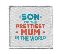 Toppa termoadesiva per abbigliamento, 7 x 7 cm, motivo: Son of the Prettiest Mum in the World Mother Family - Patch da stirare per riparazione o personalizzazione - Borsa jeans stampata in Francia