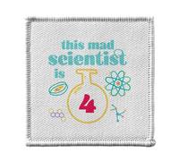 Toppa termoadesiva per abbigliamento, 7 x 7 cm, motivo: This Mad Scientist is 4 Anniversary Celebration Regalo Inglese Science Theme - Patch da stirare per riparazione o personalizzazione - Borsa