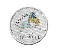 Toppa termoadesiva per abbigliamento rotondo, 7 cm, motivo: Champion du Sonneil Disegno originale Carino Baby - Patch da stirare per riparazione o personalizzazione - Borsa jeans stampata in Francia