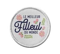 Toppa termoadesiva per abbigliamento rotondo, 7 cm, motivo: il miglior figliolo del mondo e famiglia, padrino della madrina, toppa da stirare per riparazione o personalizzazione, maglietta con borsa