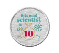 Toppa termoadesiva per abbigliamento rotondo, 7 cm - This Mad Scientist is 10 Anniversario Celebration Regalo Inglese Science Theme - Patch da stirare per riparazione o personalizzazione - Borsa jeans