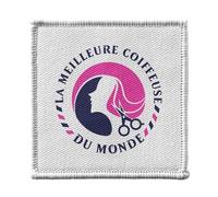 Toppa termoadesiva per capelli, 7 x 7 cm, la migliore parrucchiera del mondo, alla moda, per capelli, toppa da stirare per riparazione o personalizzazione, maglietta con borsa jeans stampata in