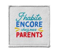 Toppa termoadesiva per vestiti, 7 x 7 cm, motivo: Io vivo ancora a casa dei miei genitori, umorismo, scherzo per bambini, toppa da stirare per riparazione o personalizzazione, maglietta con borsa